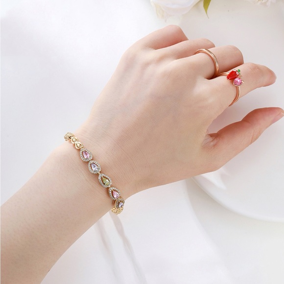 Teardrop Bracelet 14K Gold Plated Colorful Real Zirconia Dainty Jewelry - Picture 4 of 11